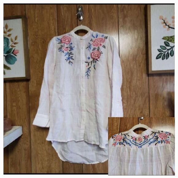 Kyla Seo | Linen Embroidered Floral Long Sleeve Blouse | Size S - Picture 1 of 10